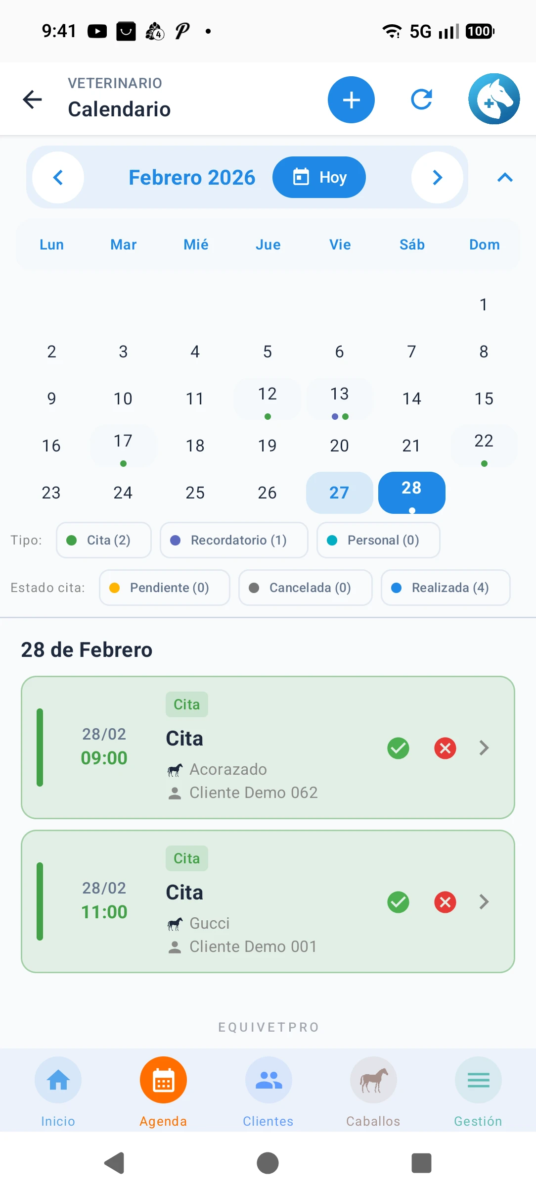 Calendario semanal con citas y eventos veterinarios